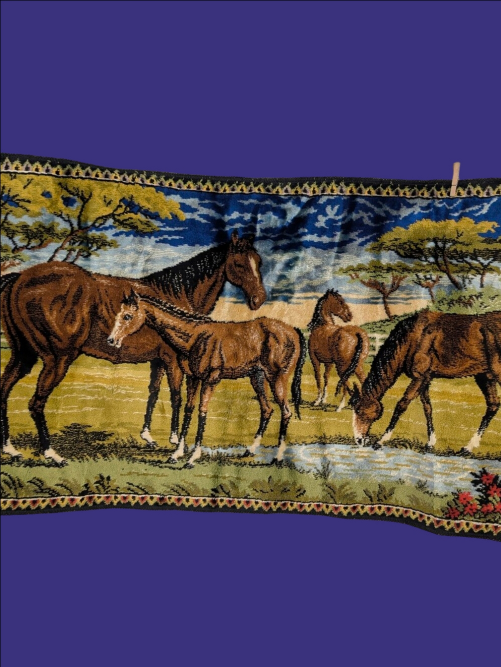 Vintage  Tapestry Wall Hanging in  Brown and Blue Western Horse